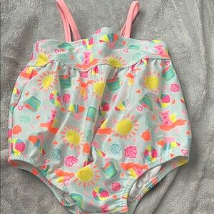 healthtex Pastel Aqua One-Piece Swimsuit with Pink Straps and Neon Motifs